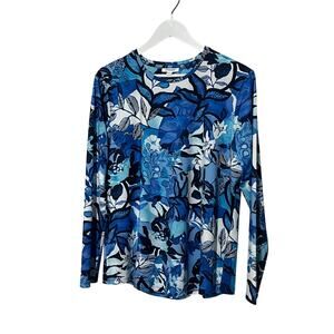 CHICO'S ZENERGY TOP WOMENS LARGE FLORAL UPF 50+ SUN TEE SHIRT BLUE WHITE